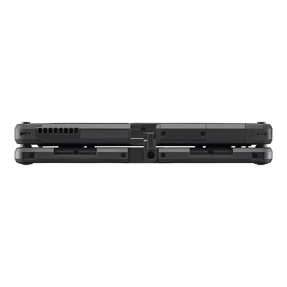 Draufsicht auf ein schwarzes Laptop-Gehäuse in zusammengeklapptem Zustand. Gehäuseober- und -unterseite liegen parallel zueinander.