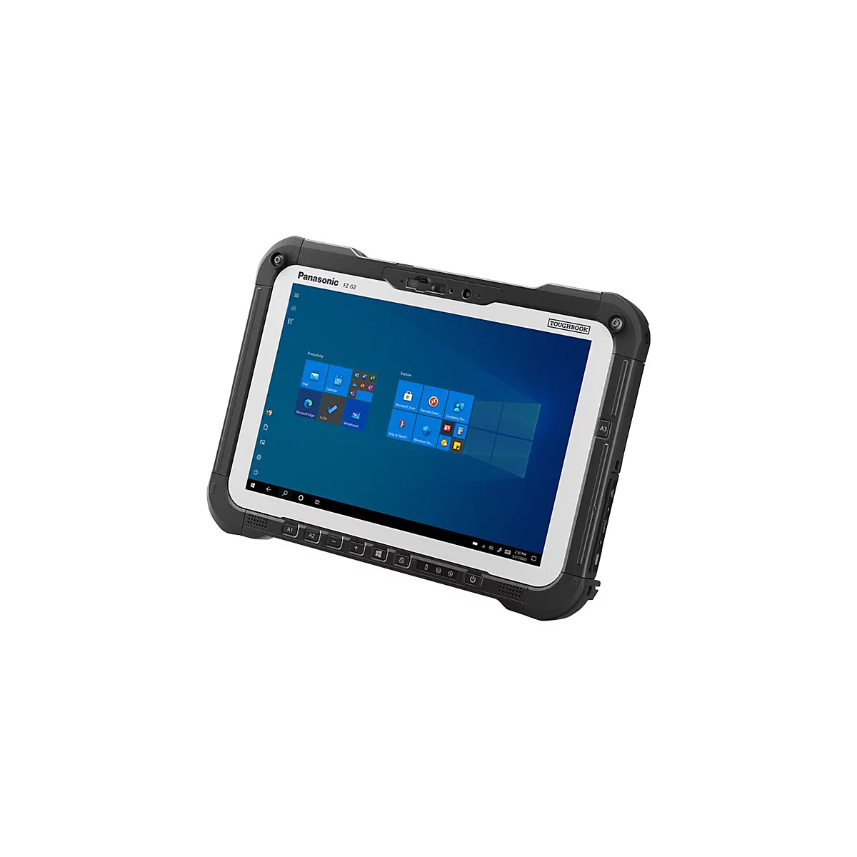 Robustes Tablet-PC von Panasonic Toughbook FZ-G2 mit eingeschaltetem Bildschirm, auf dem das Windows-Betriebssystem angezeigt wird.
