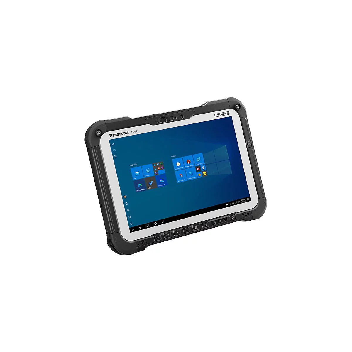 Ein robustes Tablet mit einem schwarzen Gehäuse, weißem Bildschirm und Windows-Oberfläche, isoliert vor weißem Hintergrund. Das Tablet trägt den Schriftzug 'Panasonic FZ-G2'.