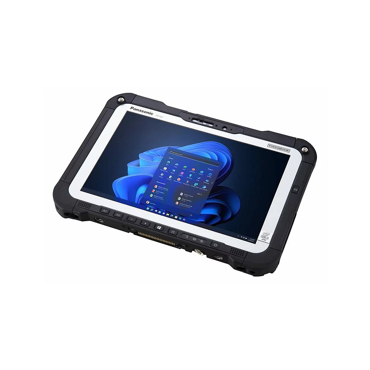 Ein robustes Panasonic Toughbook FZ-G2 Tablet mit Windows-Startbildschirm. Schwarzer Rahmen, weisser Bildschirmrand, "Intel Core i5 vPro"-Aufkleber.