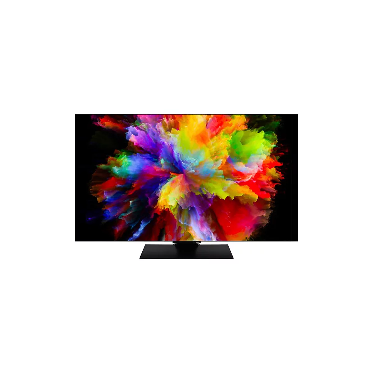 Flacher OLED-Fernseher mit einem lebendigen, abstrakten Farbgemälde auf dem Display vor schwarzem Hintergrund.
