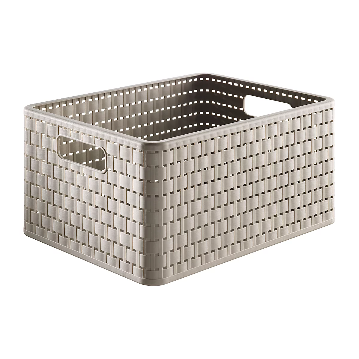 Panier rectangulaire beige avec ouvertures pour poignées, motif tissé.