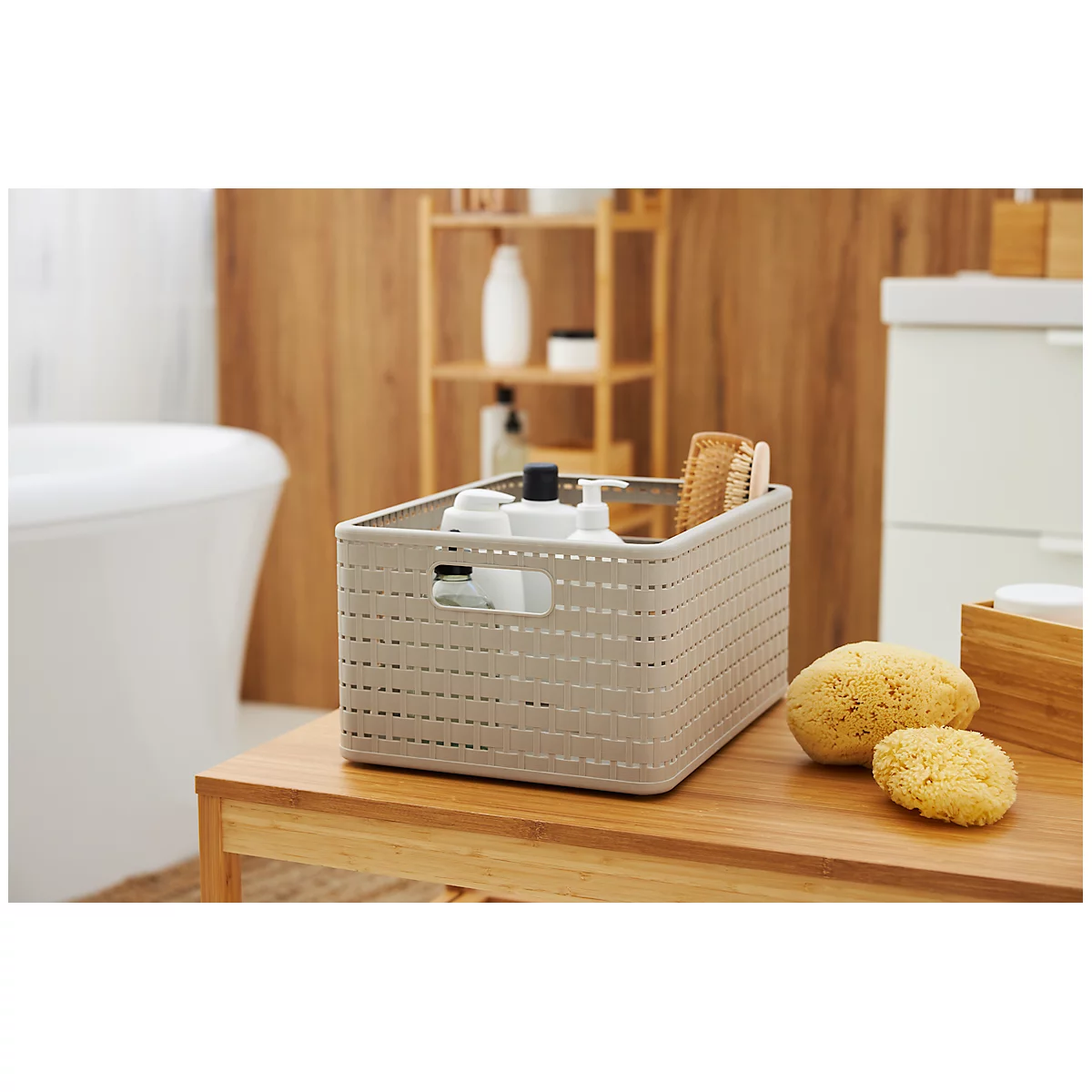 Panier de rangement Rotho COUNTRY, volume 18 l, format A4, sans couvercle, empilable, L 368 x l 278 x H 191 mm, PP, cappuccino