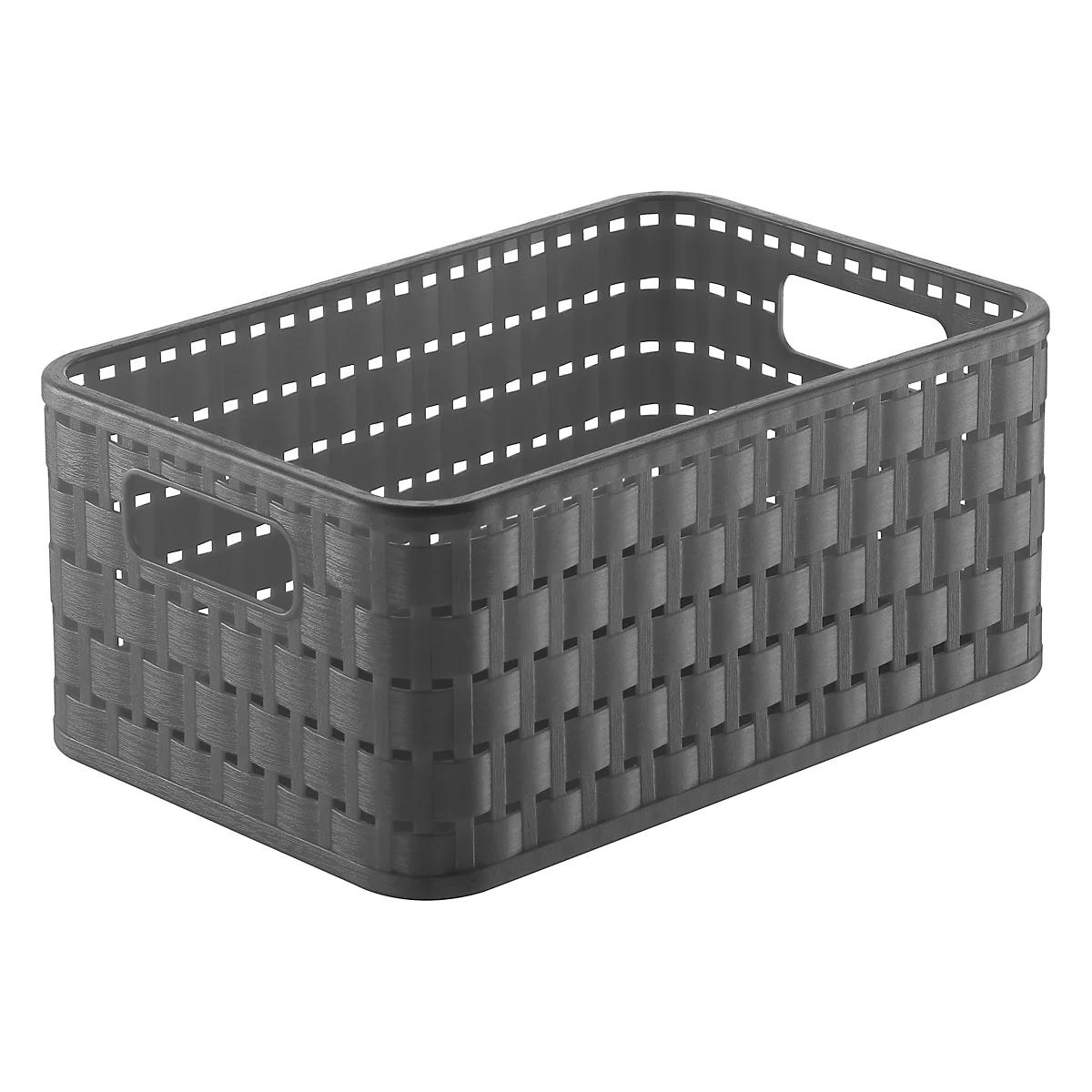 Panier de rangement rectangulaire gris en plastique aspect tressé avec poignées.