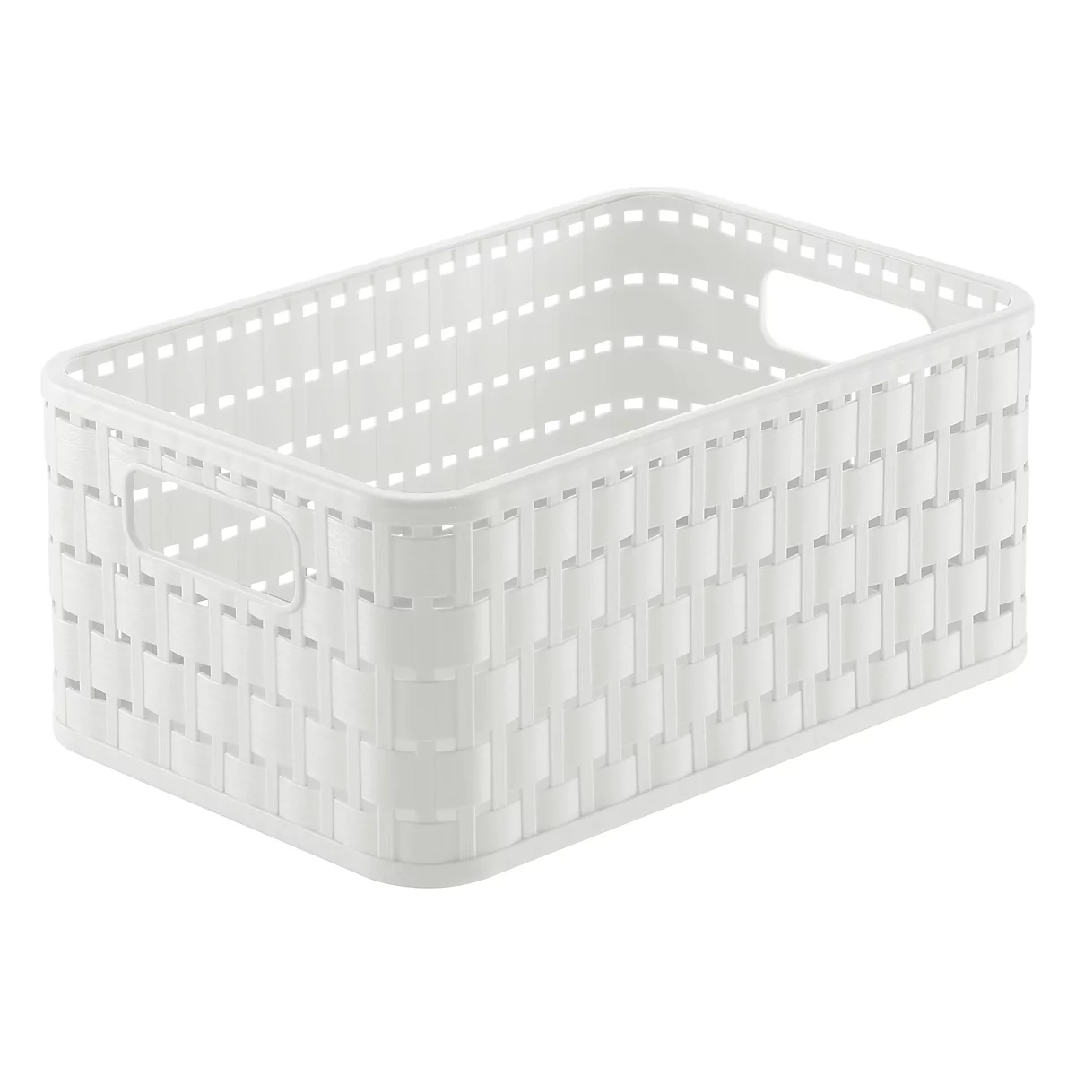 Panier de rangement rectangulaire blanc avec texture tissée et ouvertures pour poignées sur les côtés courts.
