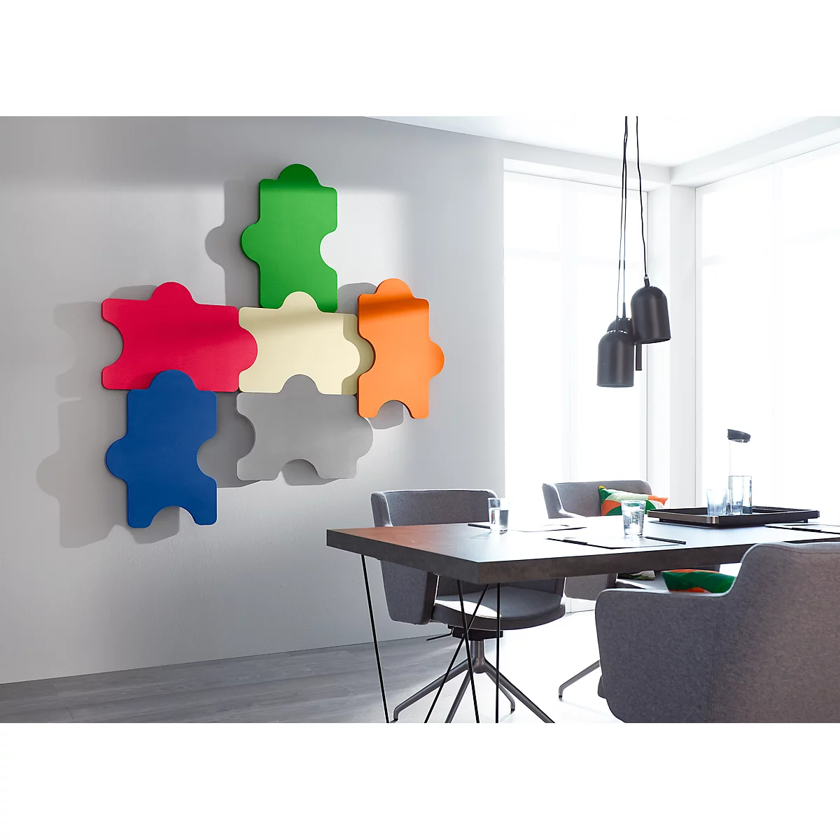 Panneau acoustique mural puzzle, l. 1000 x H 500 mm, en filaments de polyester aspect feutre, ivoire RAL 1015