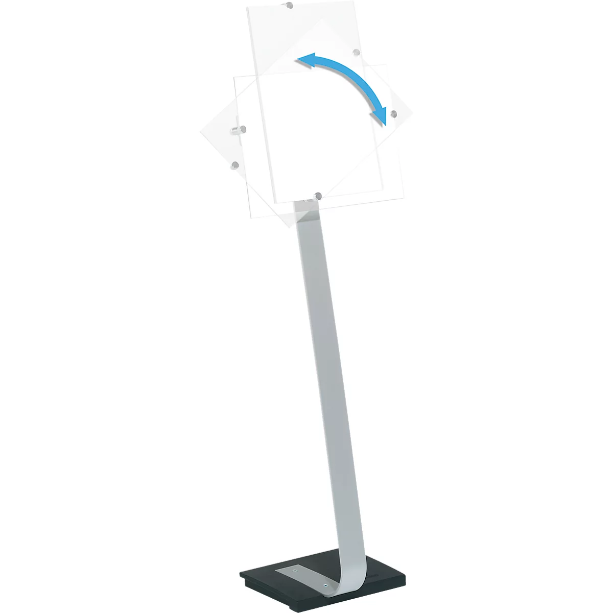 Présentoir avec panneau transparent rotatif et flèche bleue.