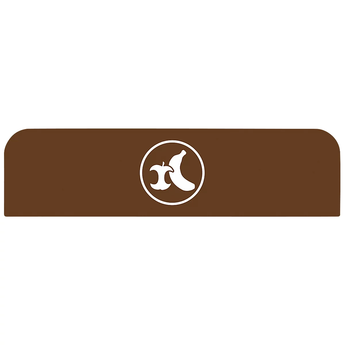 Rectangle marron aux coins arrondis. Au milieu, un cercle blanc avec une pomme et une banane.