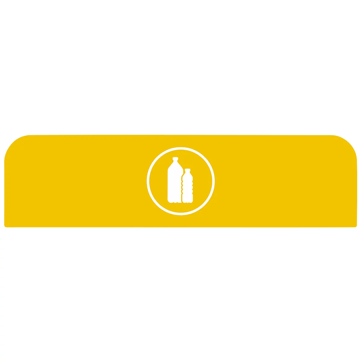 Rectangle jaune aux coins arrondis avec deux bouteilles blanches dans un cercle blanc.