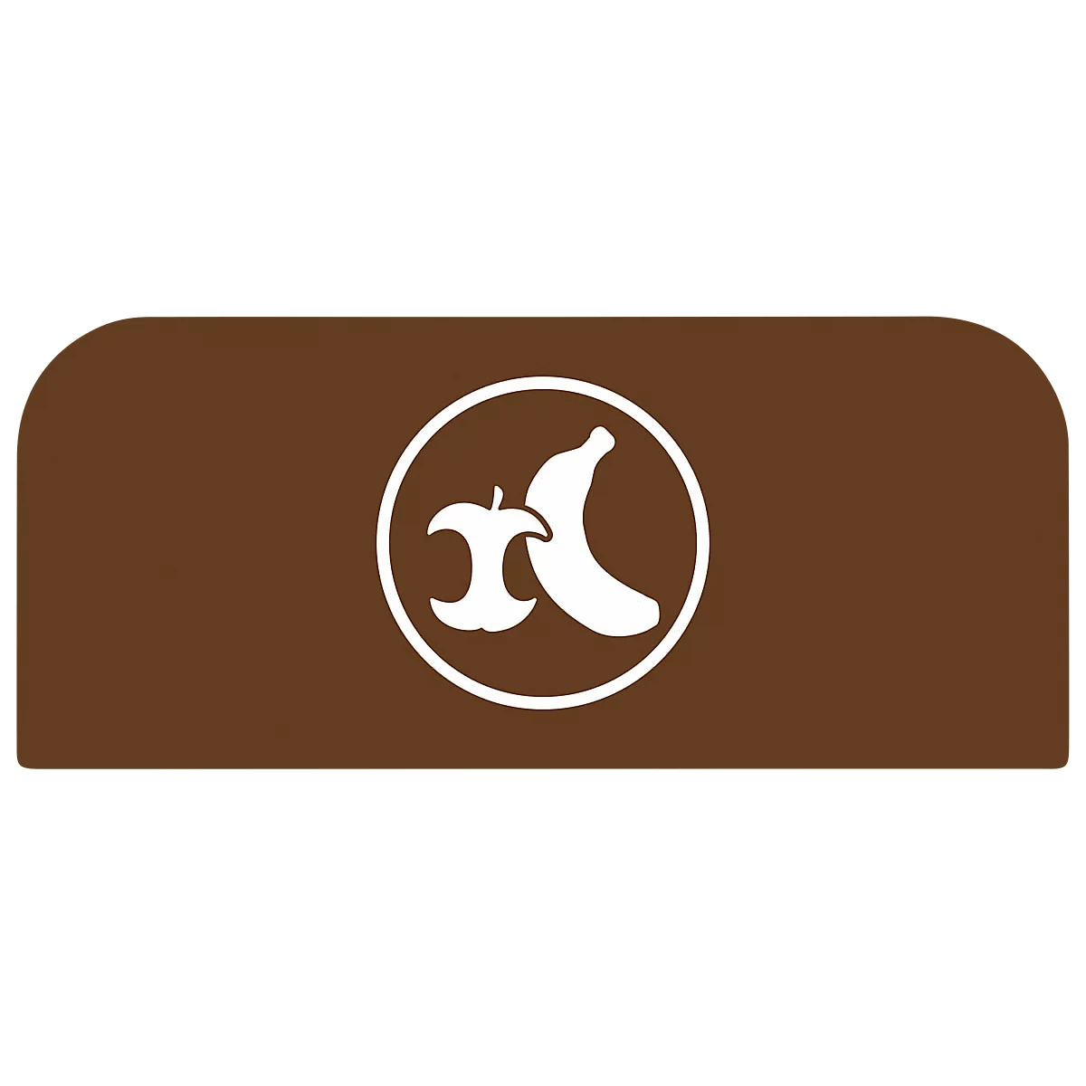 Rectangle marron aux coins arrondis, avec un cercle blanc au milieu contenant un symbole de pomme et de banane.
