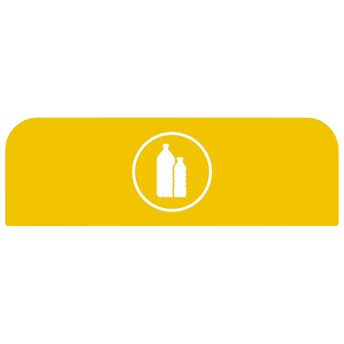 Rectangle jaune aux coins arrondis. Dans un cercle blanc, deux icônes de bouteilles blanches.