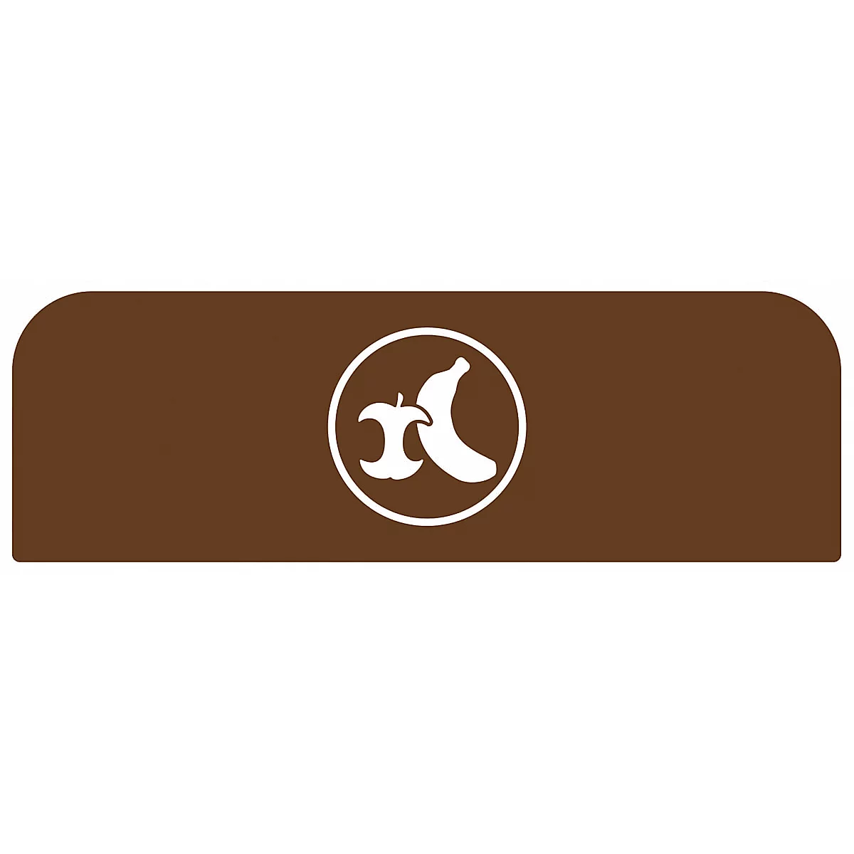 Panneau rectangulaire marron aux coins arrondis. Symbole rond blanc avec pomme et banane.