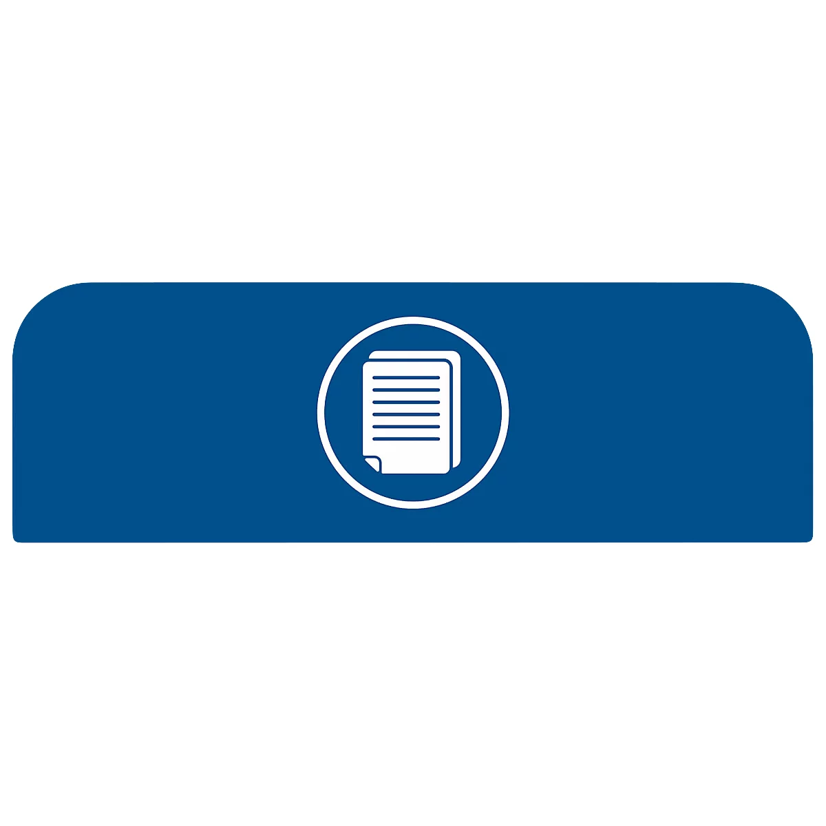 Bouton bleu aux coins arrondis. Un symbole blanc avec des documents dans un cercle blanc.