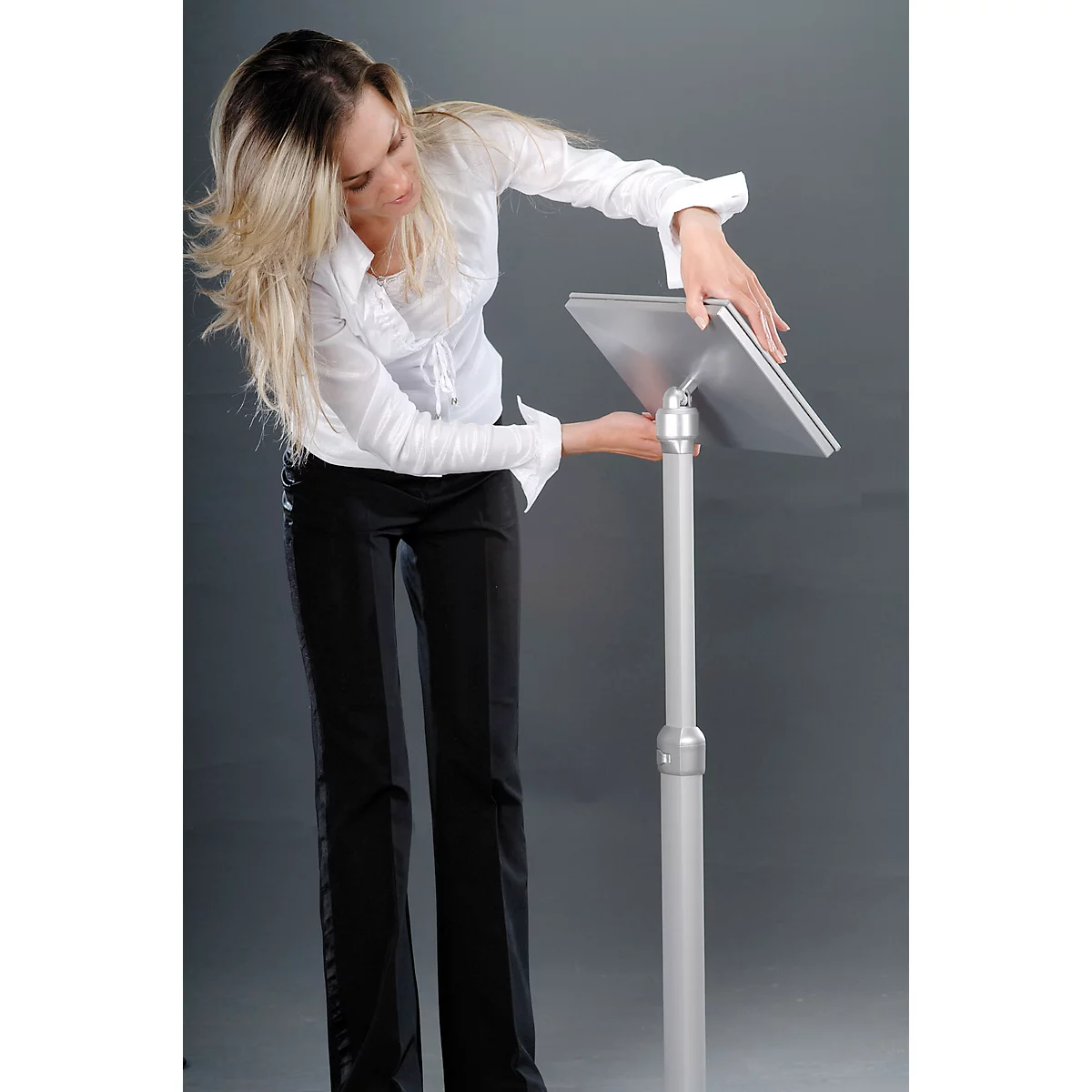 Panneau d'information Update Display, DIN A4, réglable en hauteur, inclinable, cadre pliable 25 mm, aluminium, argenté