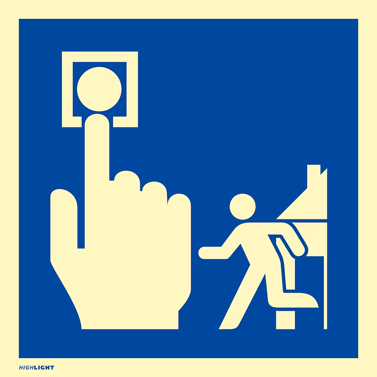 Panneau bleu avec un doigt blanc appuyant sur un bouton, et une personne courant à travers une porte.