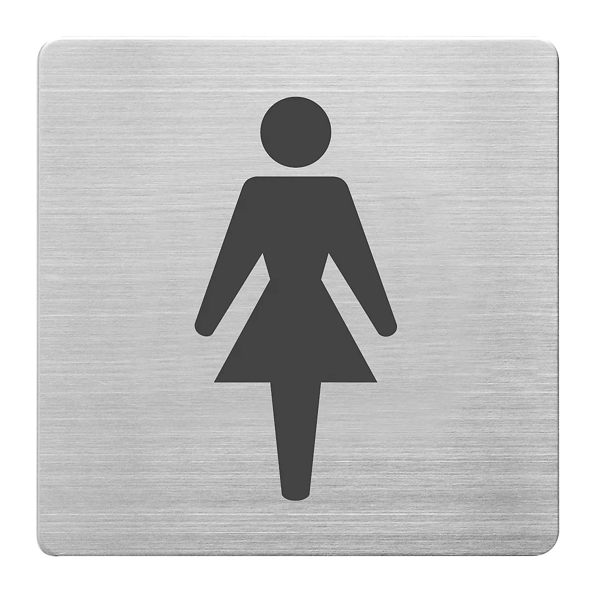 Pictogramme sombre d'une femme sur une plaque carrée en métal brossé.