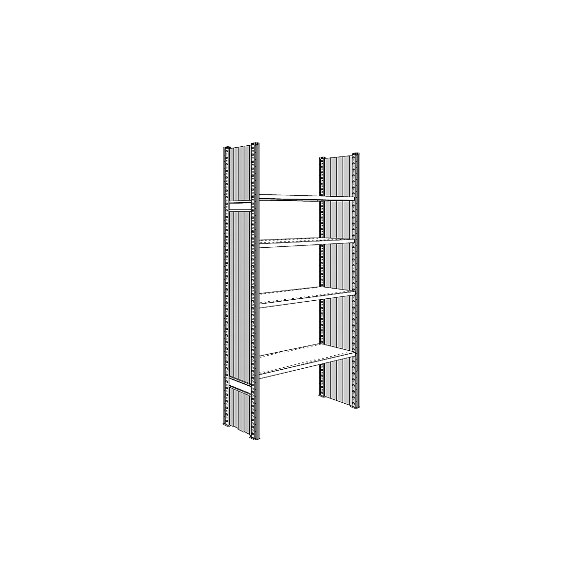 Étagère gris clair à 5 niveaux. Les supports verticaux sont perforés, les étagères horizontales sont claires et simples.