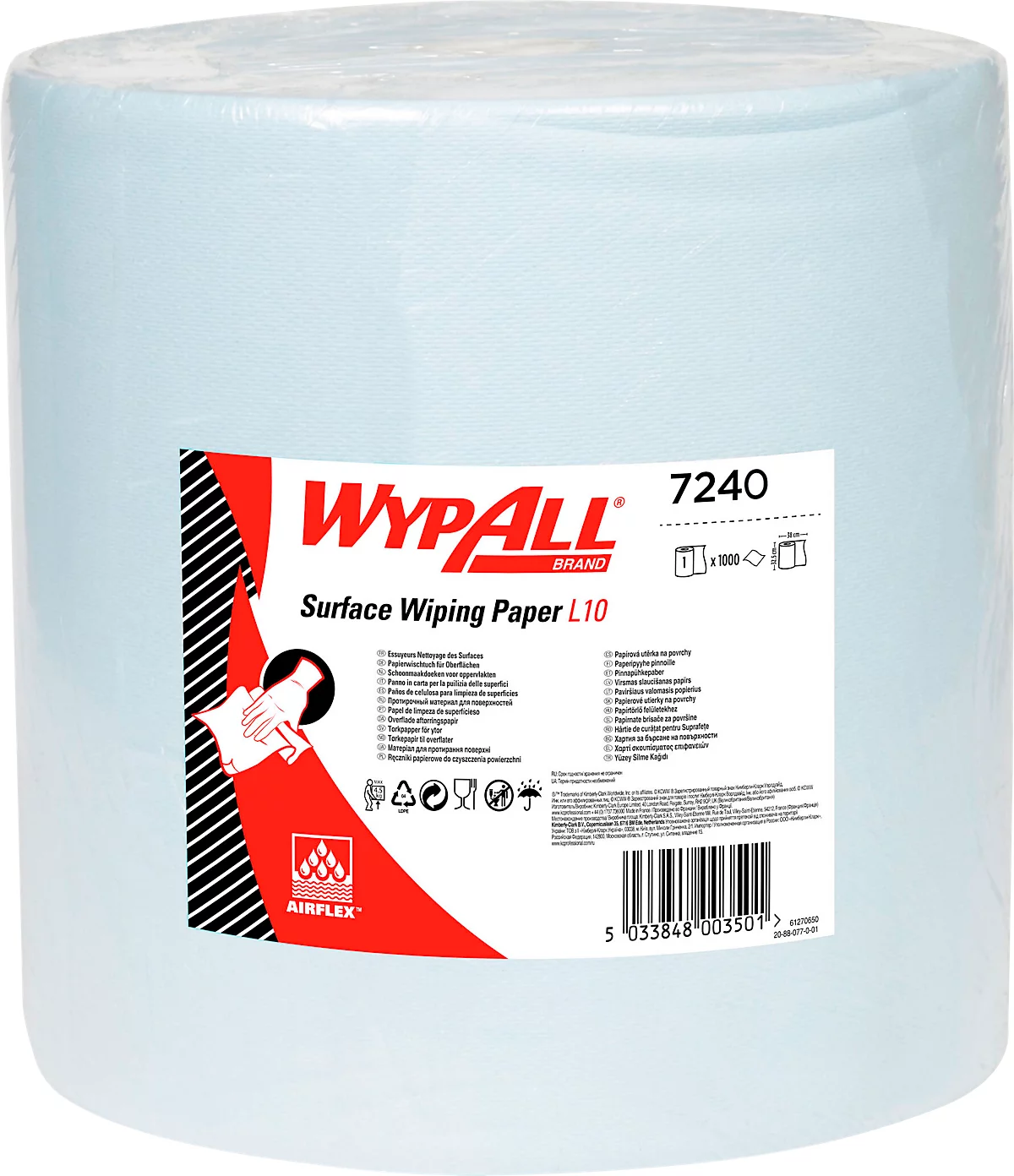 Paño WYPALL* L-10 EXTRA + rollo grande, de material Airflex, 1000 hojas, 1 capa, azul