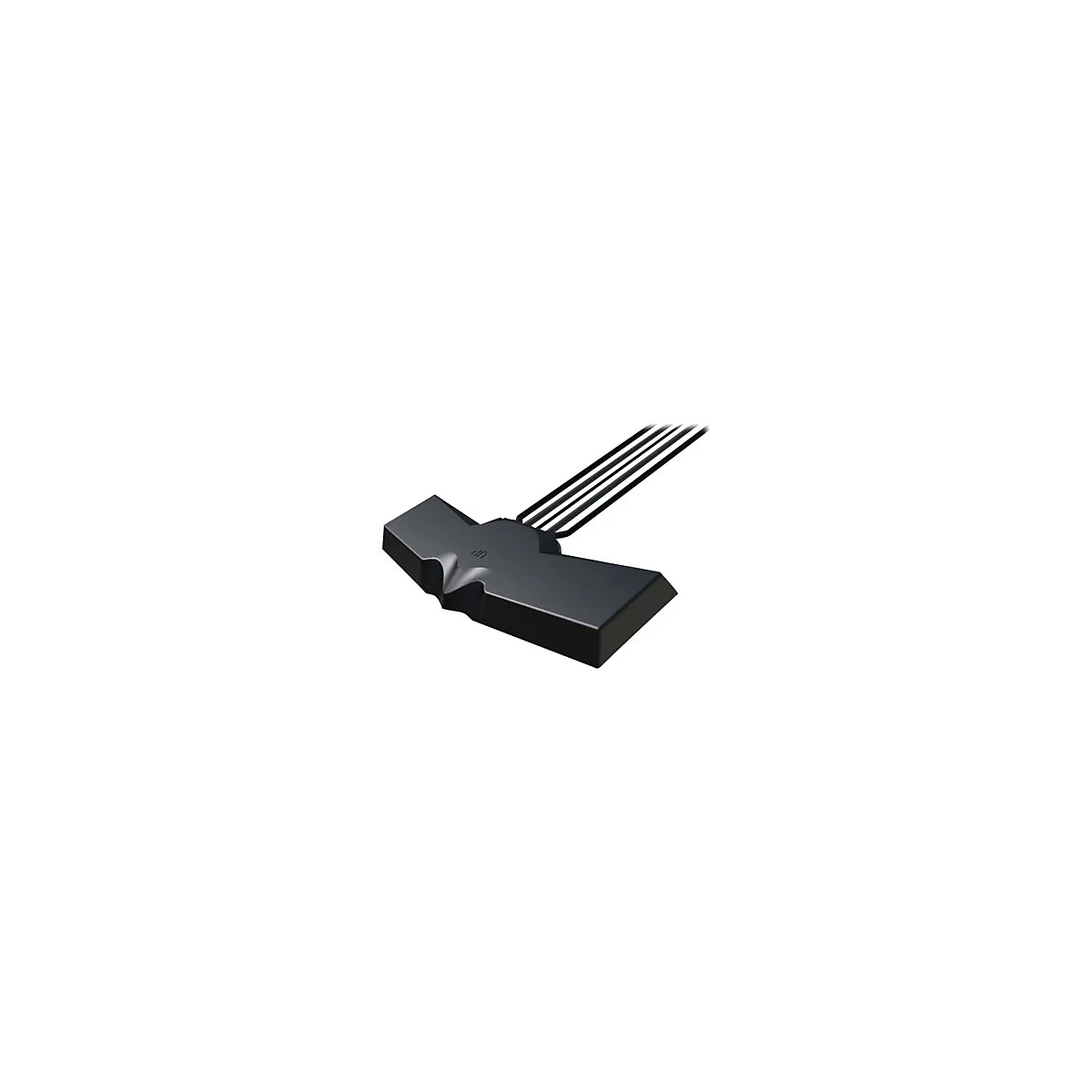 Schwarzes, flaches Antennenmodul mit Kabelanschluss vor weißem Hintergrund.
