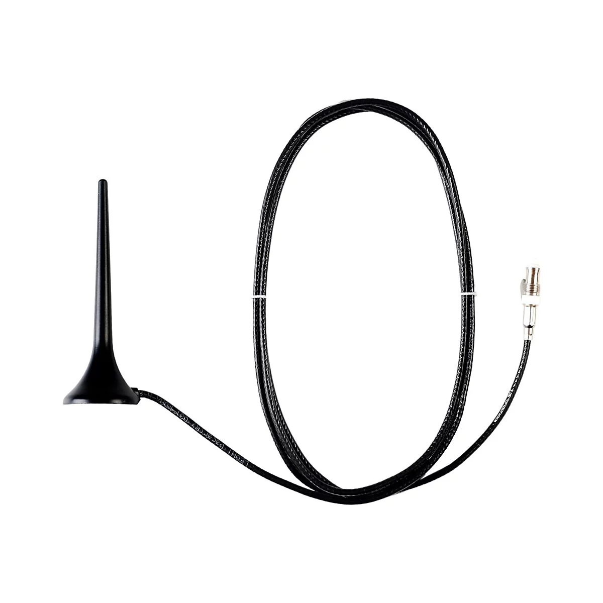 Schwarze Stabantenne mit Kabel und Metallstecker vor weißem Hintergrund.