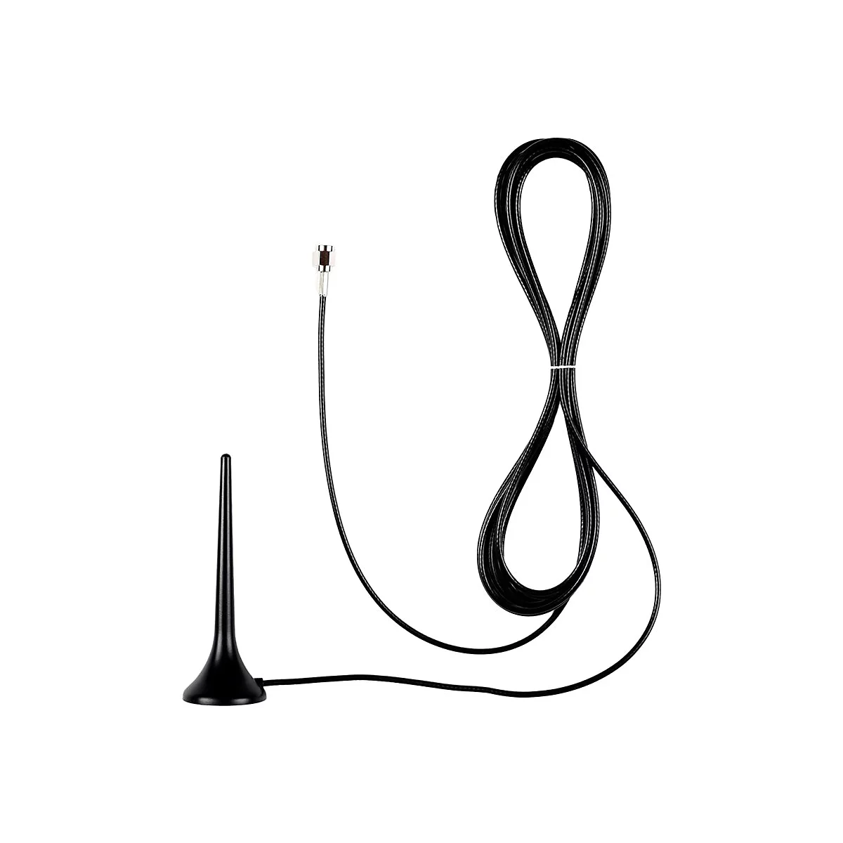 Schwarze Stabantenne mit einem langen Kabel und metallischem Anschlussstecker vor weißem Hintergrund.