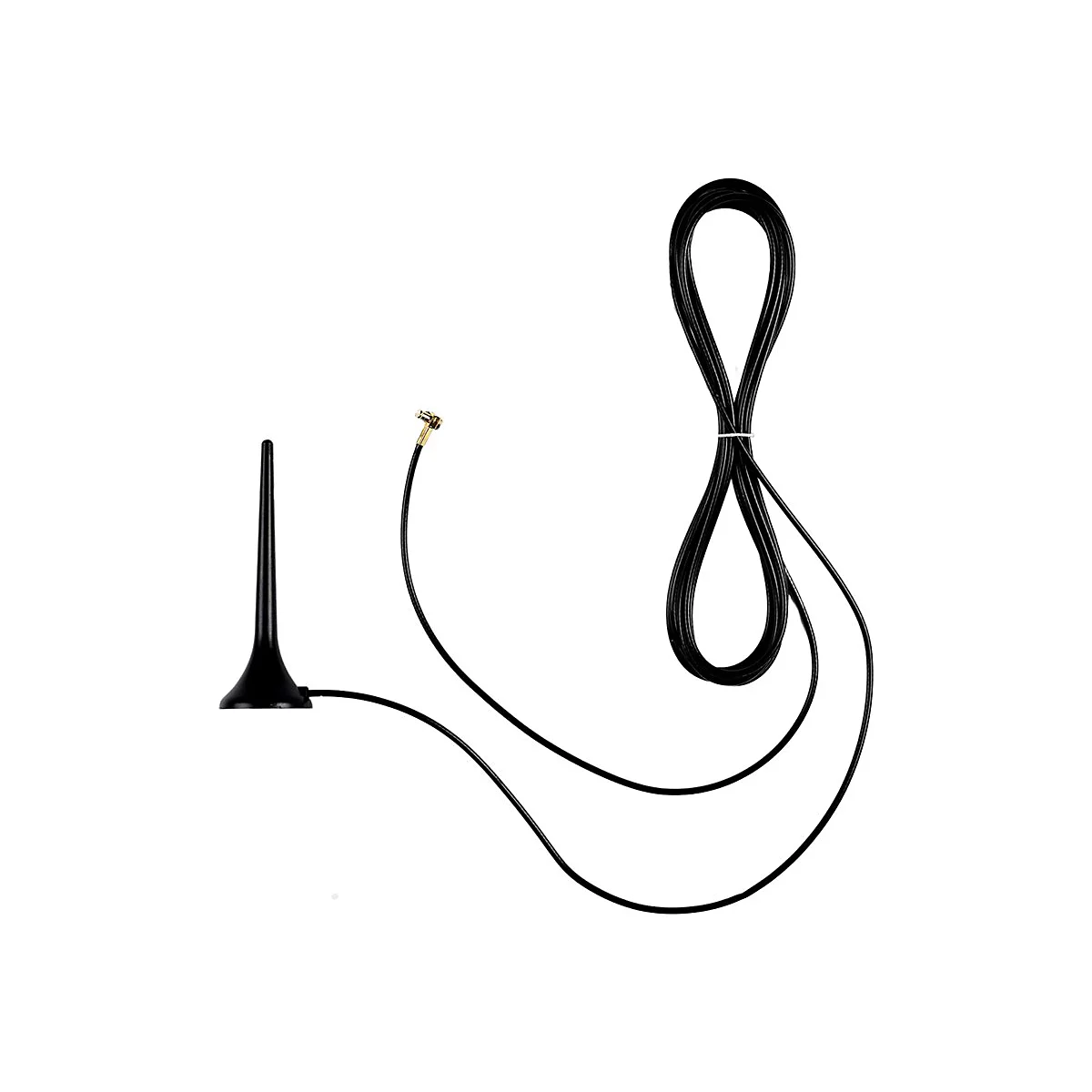 Schwarze Stabantenne mit langem Kabel und goldenem Stecker auf weißem Hintergrund.