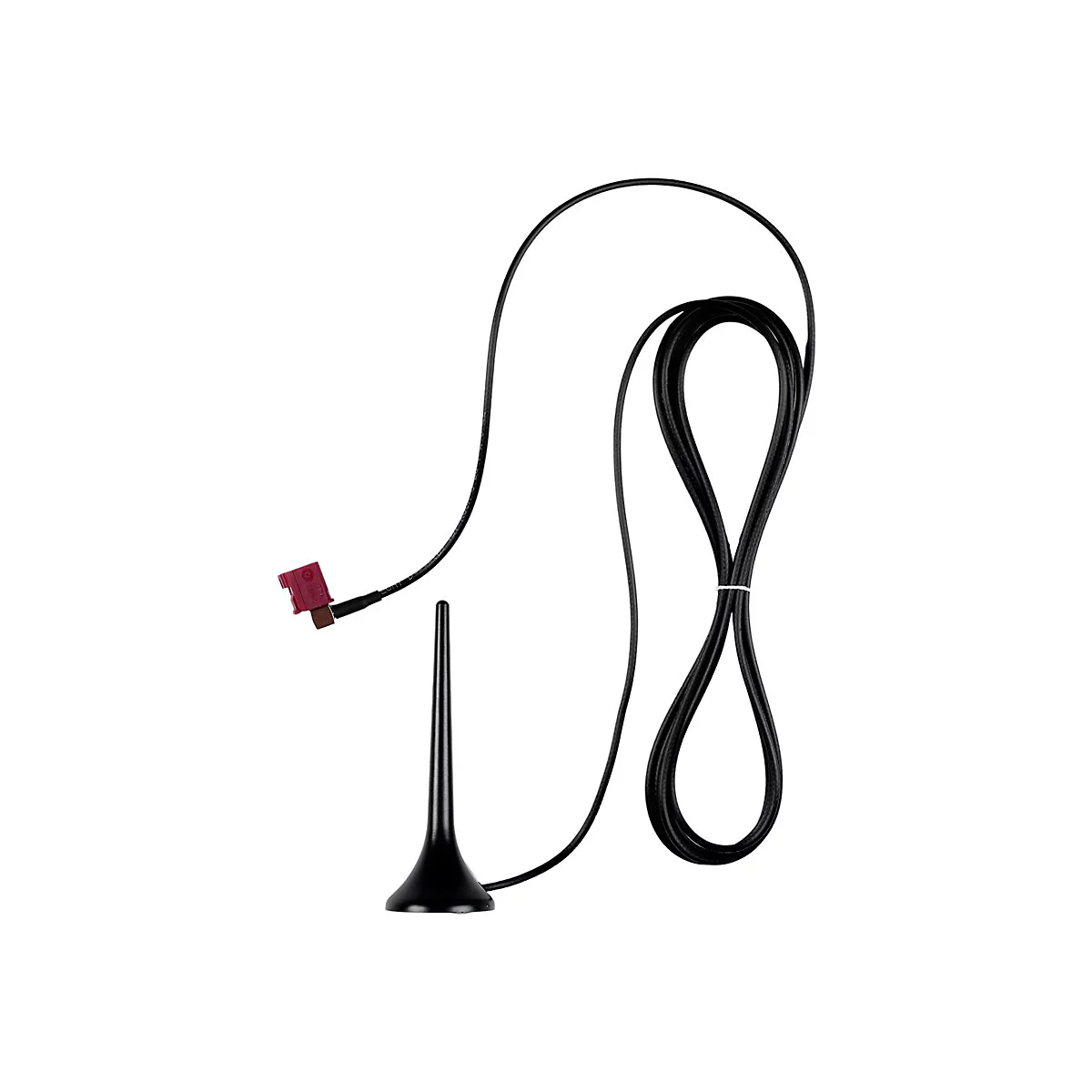 Schwarze Stabantenne mit Kabel und rotem Fakra-Stecker vor weißem Hintergrund.