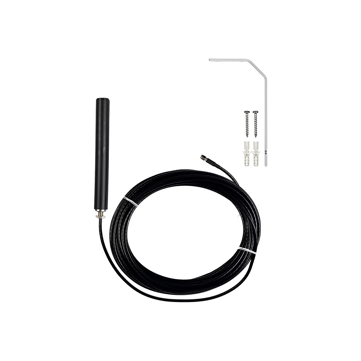 Schwarze Stabantenne mit langem Kabel und beiliegendem Montagematerial vor weißem Hintergrund.