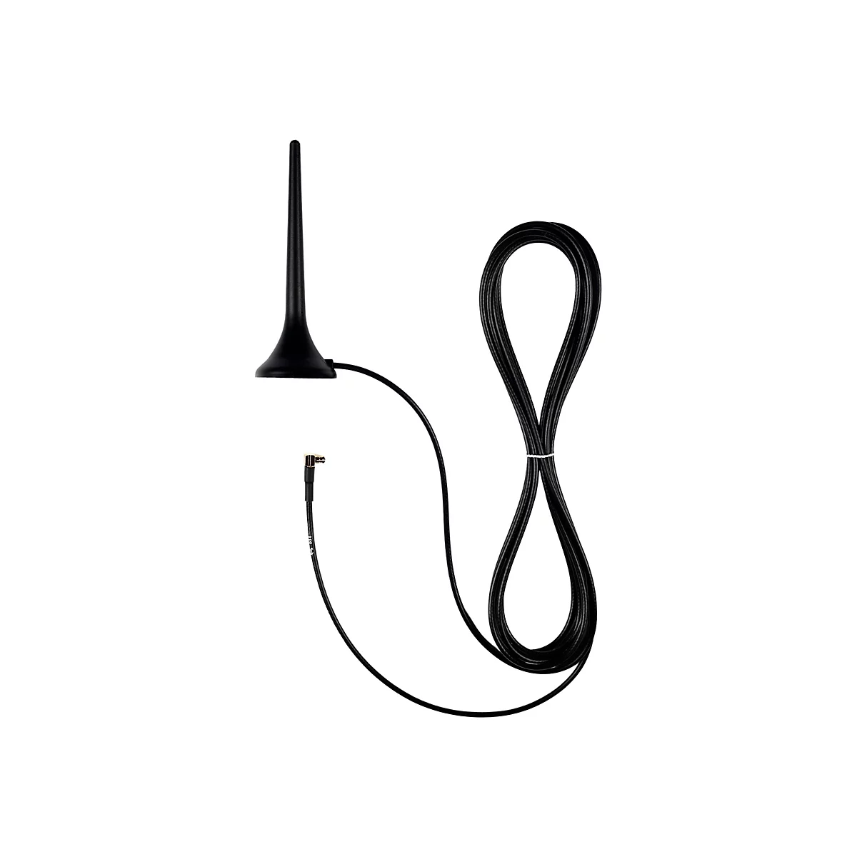 Schwarze Stabantenne mit langem Kabel und gewinkeltem Anschlussstecker vor weißem Hintergrund.