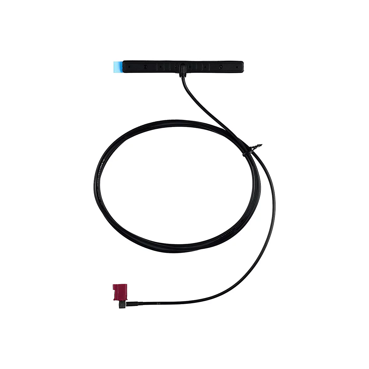 Schwarze Antennenleiste mit langem Kabel und rotem Stecker auf weißem Hintergrund.
