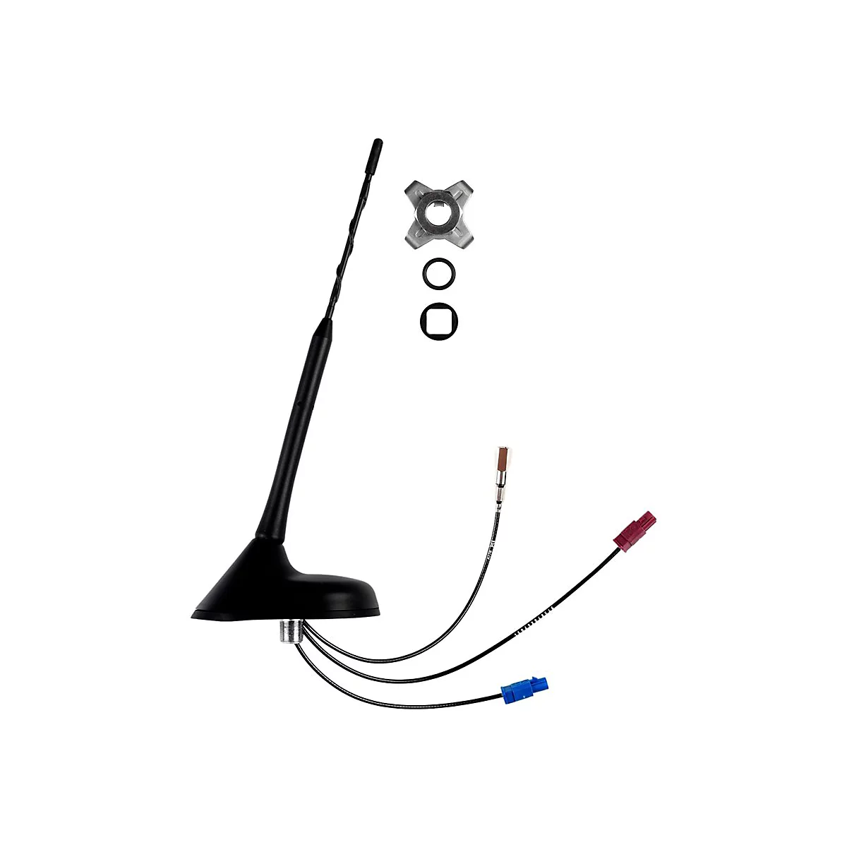 Schwarze Autoantenne mit Montagematerial und Kabeln mit farbigen Steckern vor weißem Hintergrund.