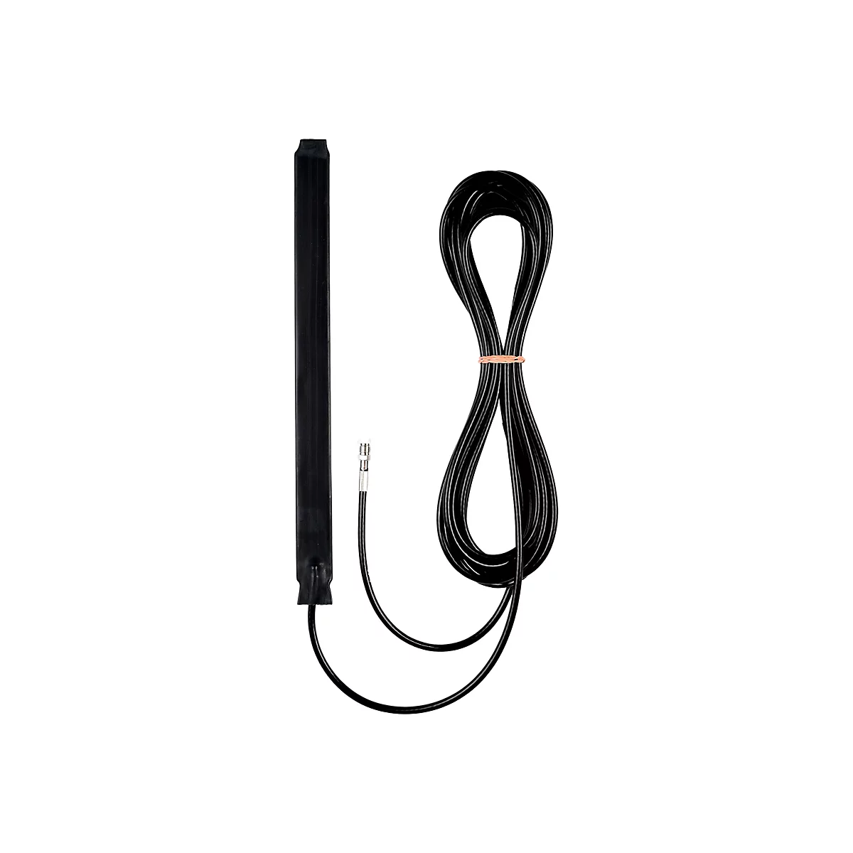 Schwarze Stabantenne mit langem Kabel und Anschlussstecker auf weißem Hintergrund.