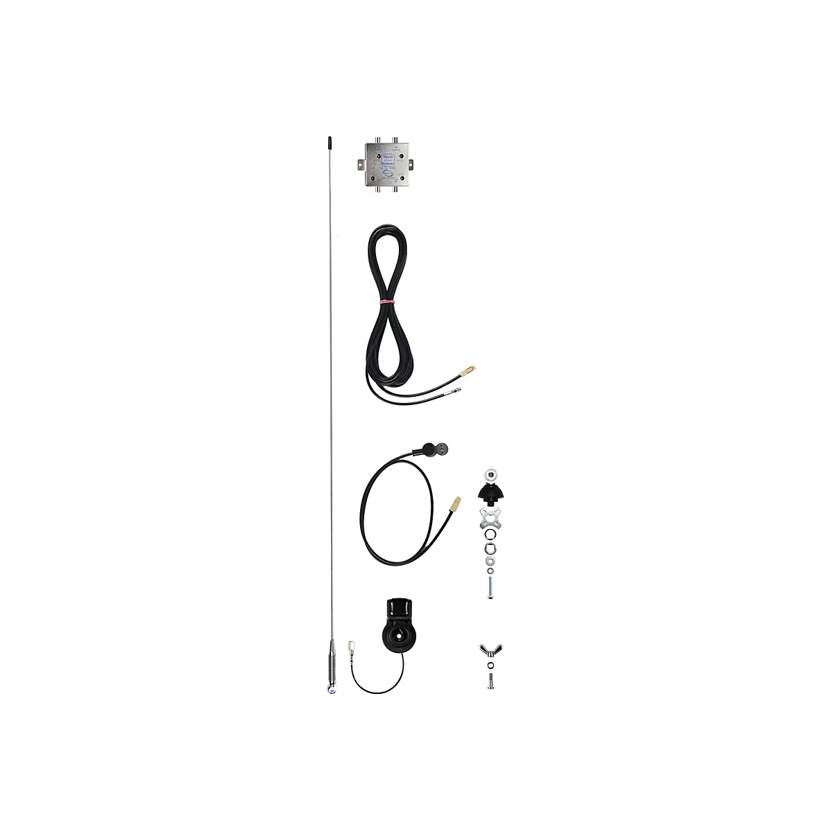 Antennen-Set bestehend aus langer Stabantenne, Kabeln, Metallgehäuse und diversen Montageteilen auf weißem Grund.