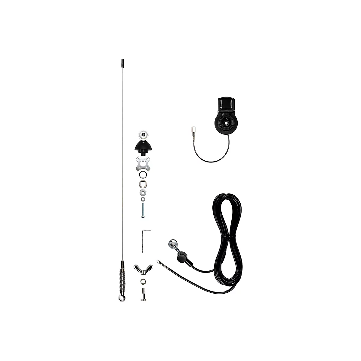 Einzelteile einer Funkantenne für Fahrzeuge inklusive Halterung, Kabel und Montagematerial vor weißem Hintergrund.