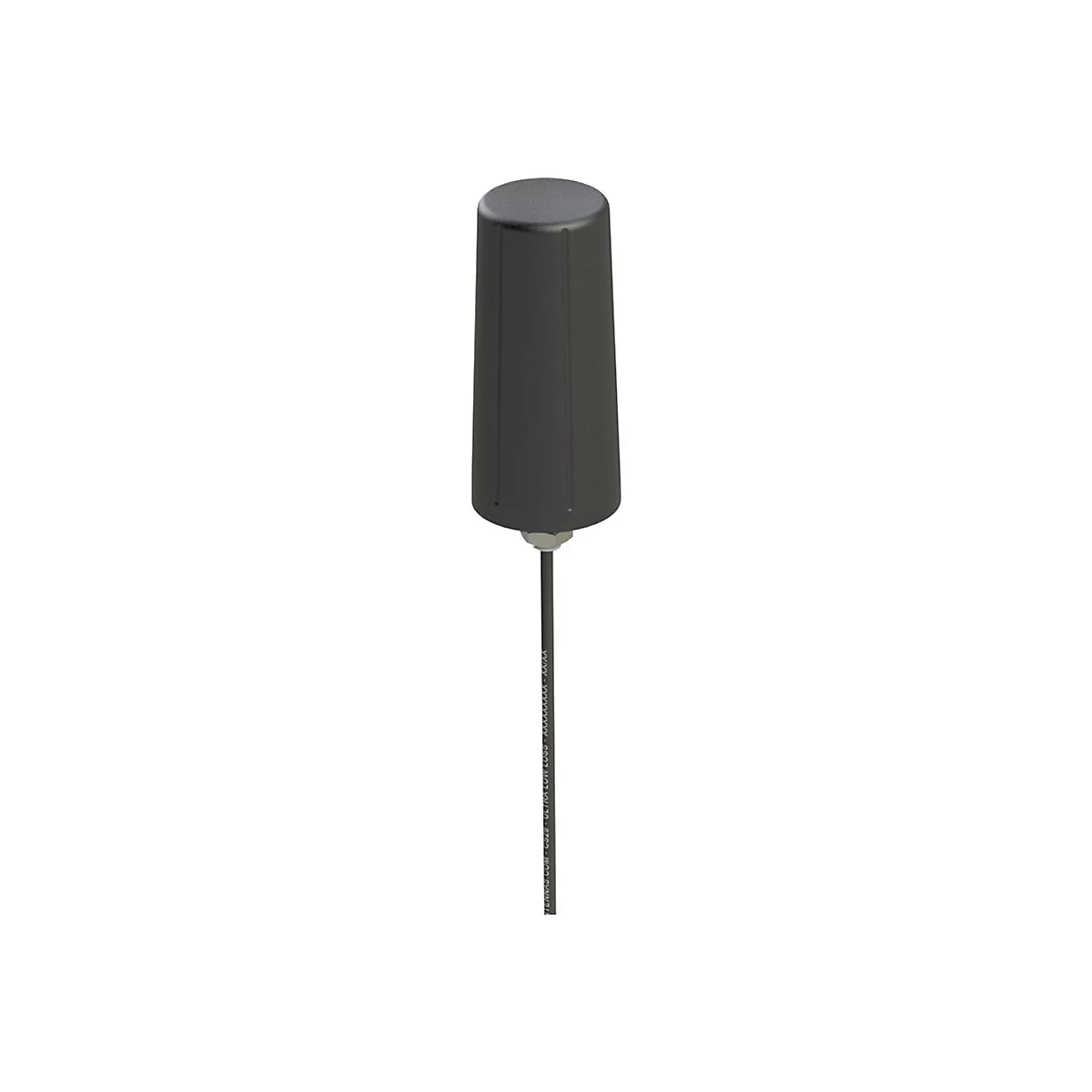 Schwarze, zylindrische Stabantenne mit einem nach unten wegführenden Anschlusskabel vor weißem Hintergrund.