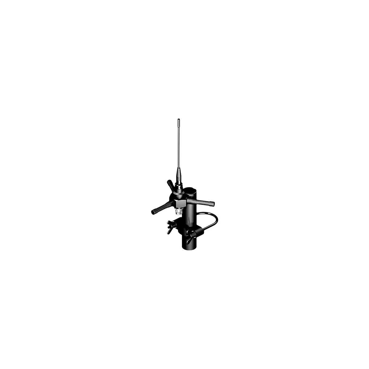 Schwarze Funkantenne mit Metallstab auf einem Mast montiert, isoliert vor weißem Hintergrund.