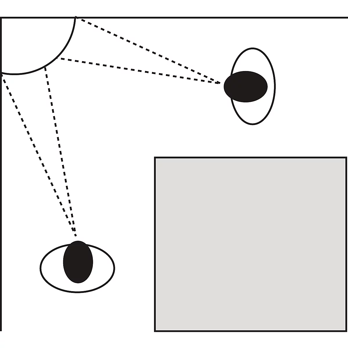 Sketch: Two people are looking at a projection. Dotted lines show their direction of view. Gray area symbolizes the projection.