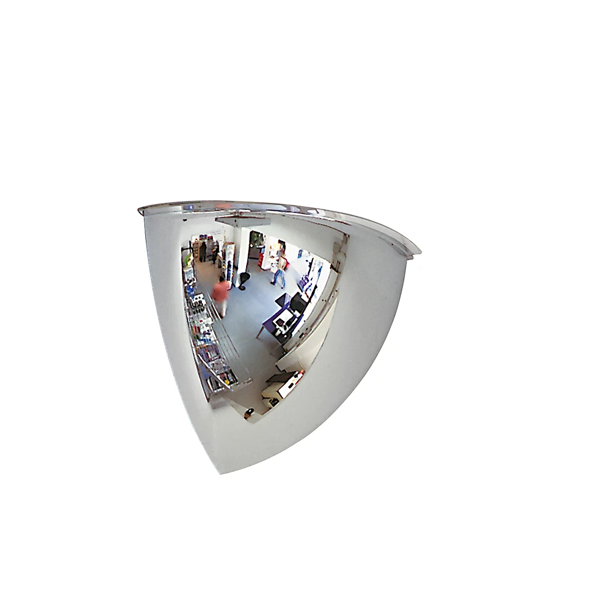 A hemispherical mirror reflects a room where people are walking around.