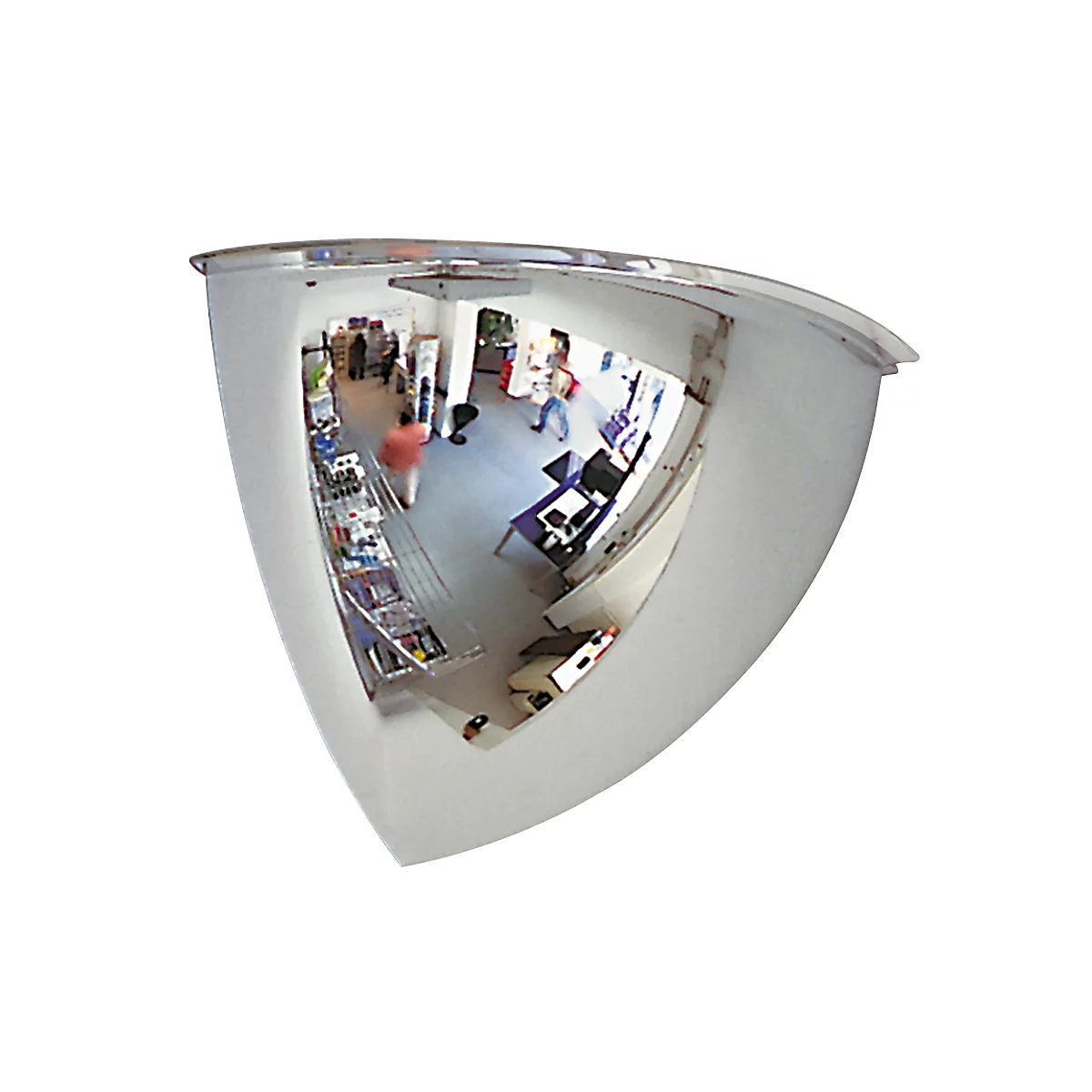 A half-dome security mirror reflects an interior space with people, shelves, and workstations.