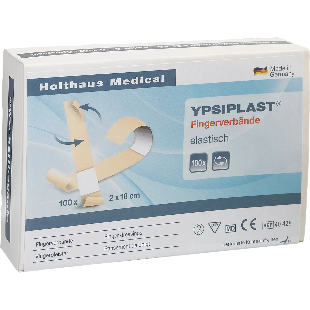 Une boîte de pansements pour les doigts YPSIPLAST. L'emballage indique le nom du produit, ses propriétés et les détails du contenu et de la taille. On montre comment appliquer un pansement.