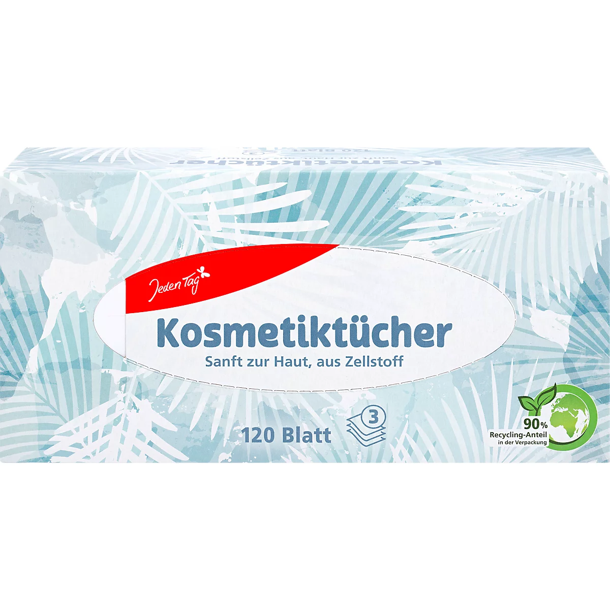 Caja de pañuelos cosméticos, blanca con un patrón de hojas de palmera azules, texto: pañuelos cosméticos, 120 hojas, 90% de contenido reciclado.