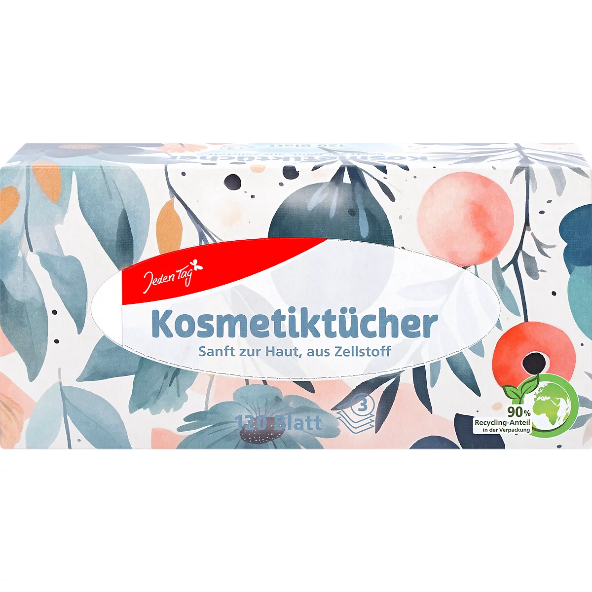 Caja de pañuelos cosméticos con estampado floral. Texto: Pañuelos cosméticos, suaves para la piel, hechos de celulosa. Logotipo: 90% de contenido reciclado.