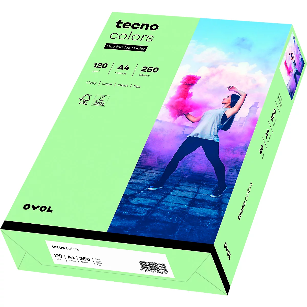 Caja de papel con la inscripción "tecno colors", persona con nubes de humo en el fondo.