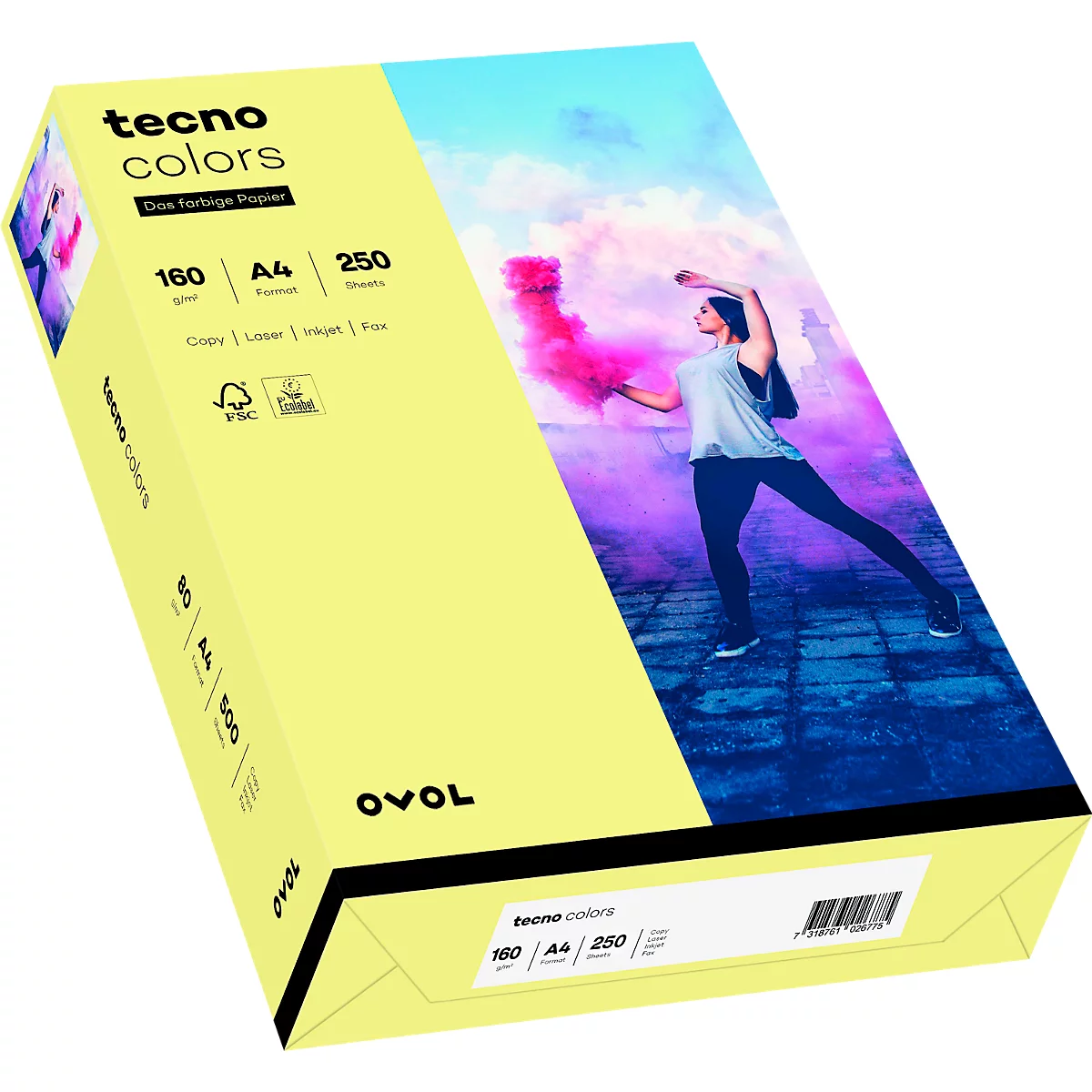 Caja de cartón amarilla con papel Tecno Colors, con una bailarina en el fondo. Impresión: Tecno Colors, 160g, A4, 250 hojas.