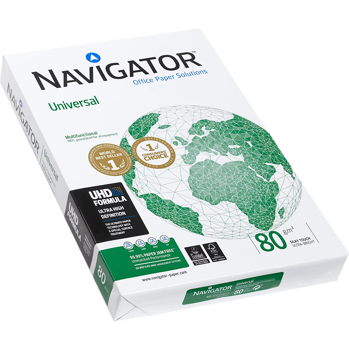 Paquete de papel blanco Navigator con logo, gráfico del globo y premios. Contiene las inscripciones "Universal" y "80 g/m²".