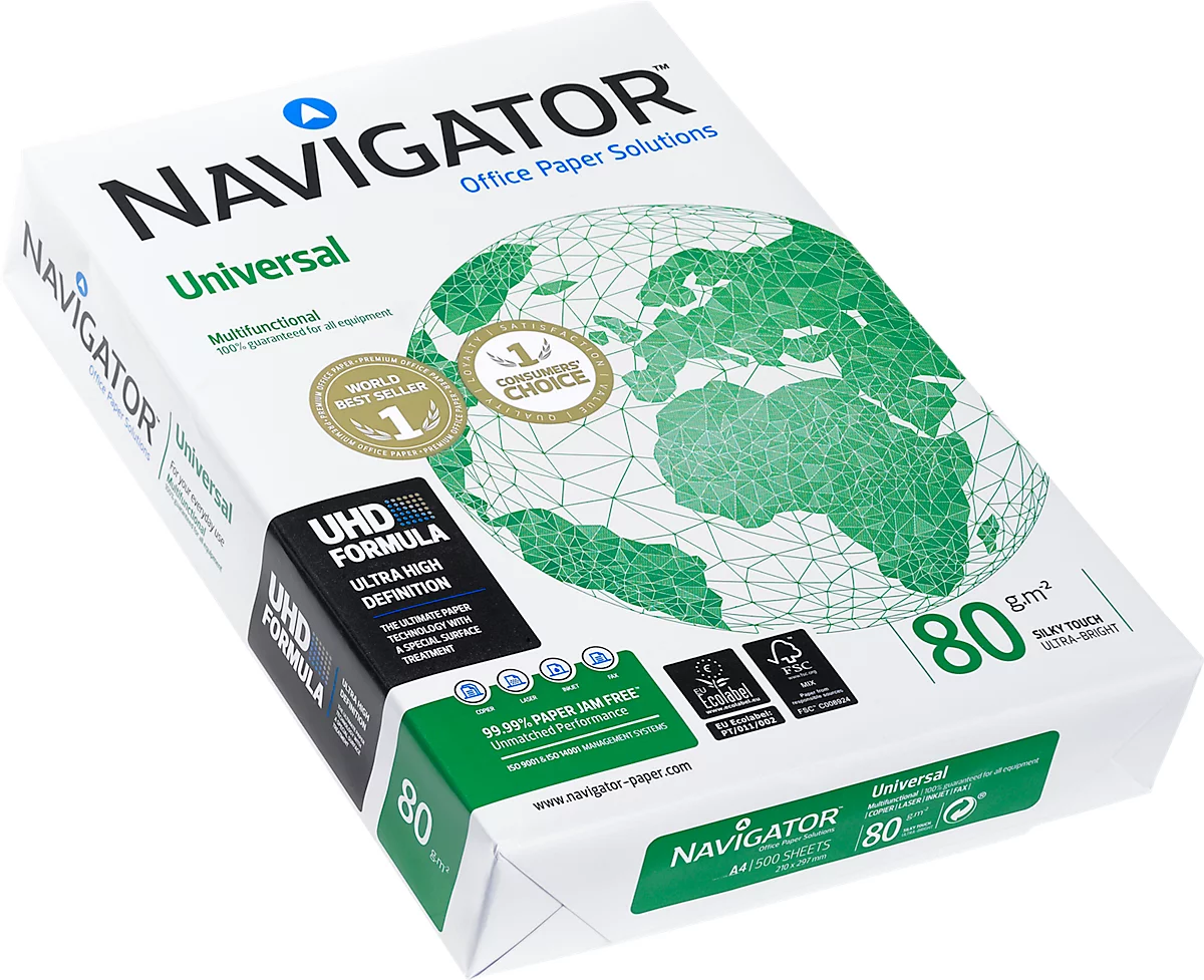 Papel de copia Navigator Universal, DIN A4, 80 g/m², blanco brillante, 1 caja = 10 x 500 hojas