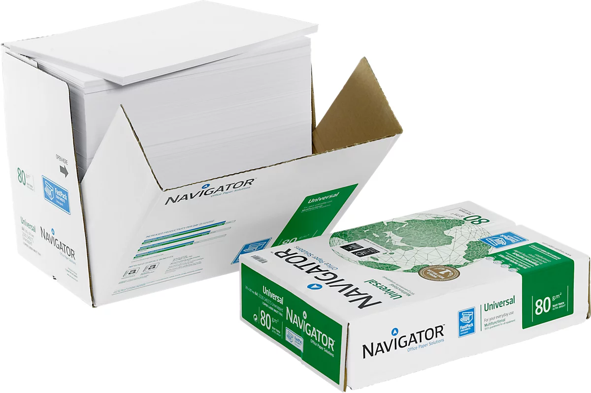 Papel de copia Navigator Universal, DIN A4, 80 g/m², blanco brillante, 1 caja = 2500 hojas