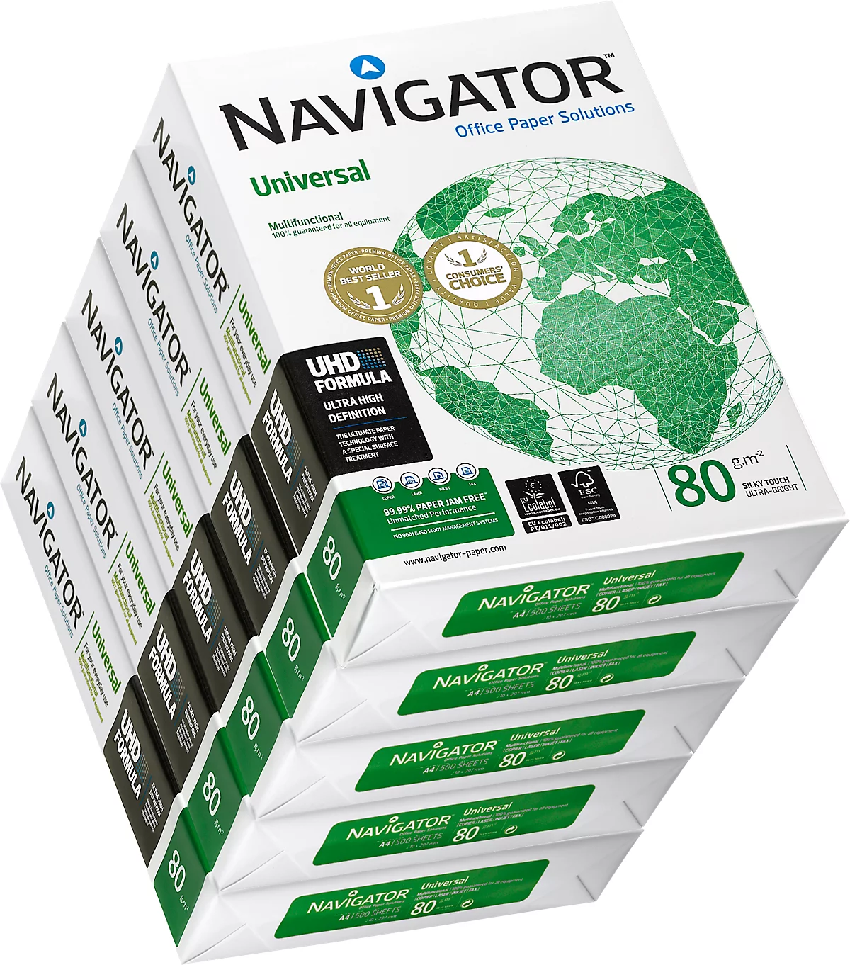 Papel de copia Navigator Universal, DIN A4, 80 g/m², blanco brillante, 1 caja = 5 x 500 hojas