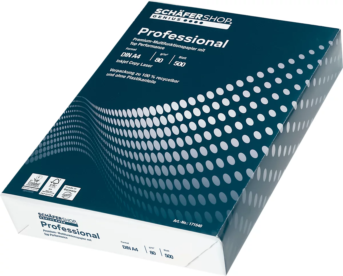Papel de copia Schäfer Shop Genius Professional, DIN A4, 80 g/m², blanco brillante, 1 caja = 5 x 500 hojas