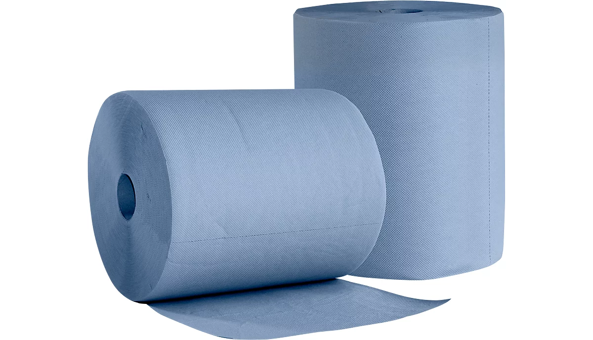 Papel de limpieza WIPEX BlueTech, uso universal, 2 capas, papel reciclado, azul, 2 rollos con núcleo Ø 200 mm y 500 paños, tamaño del paño 220 x 360 mm
